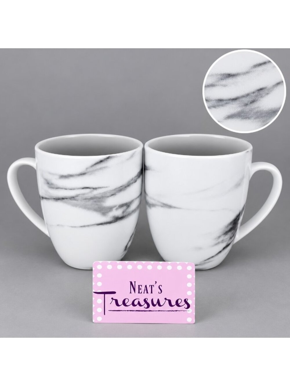 H2K Home To Kitchen MARBLE Design White Gray 14oz Porcelain Cup Mugs Set of 2